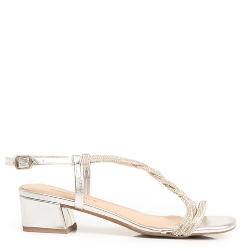 Sandália Prata Strass Salto Baixo