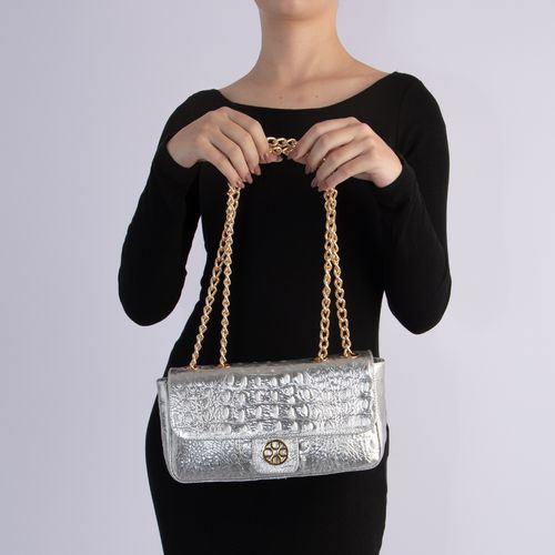 Bolsa Prata Couro Texturizado Alça Corrente