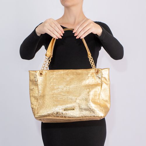 Bolsa Tote Metalizada Dourada Couro Texturizado