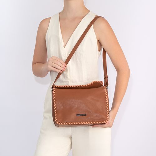 Bolsa Caramelo Couro Pesponto Tiracolo