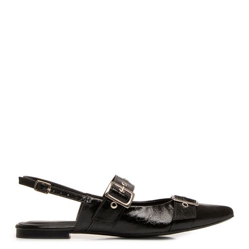 Sapatilha Slingback Preta Texturizada Fivelas