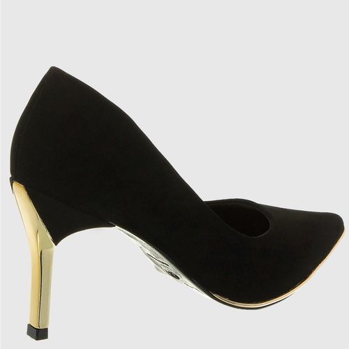 Scarpin Preto Bico Fino Com Salto Alto Dourado