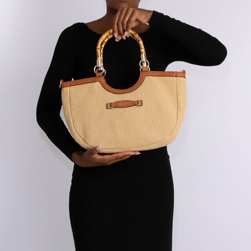 Bolsa Meia Lua Palha Alça Bambu Caramelo