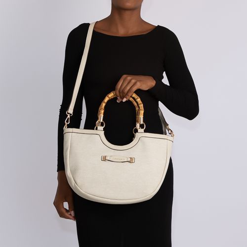 Bolsa Meia Lua Tecido Impermeável Alça bambu Off White
