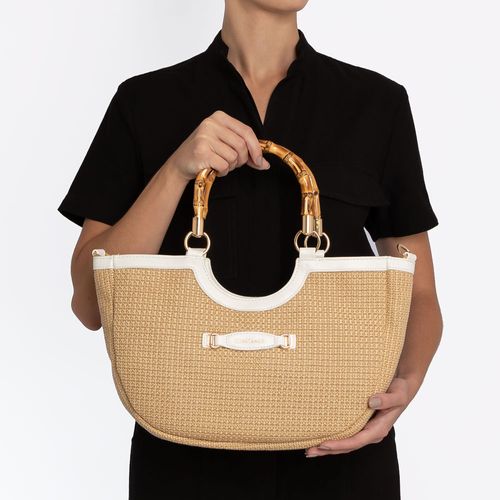 Bolsa Meia Lua Palha Alça Bambu Branca