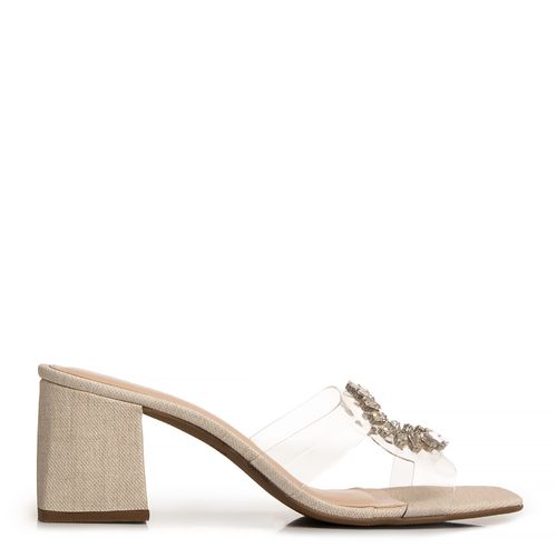 Tamanco Off White Salto Bloco Médio Vinil Pedraria