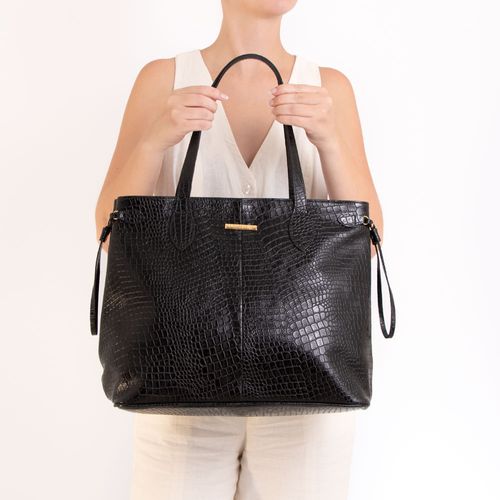 Bolsa Shopping Couro Croco Preta