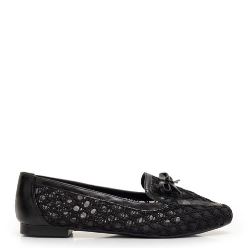 Mocassim Preto Tela Tramado com Laço
