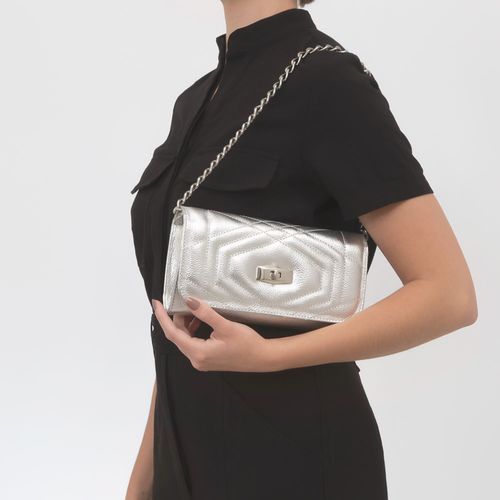 Bolsa Carteira Couro Corrente Prata