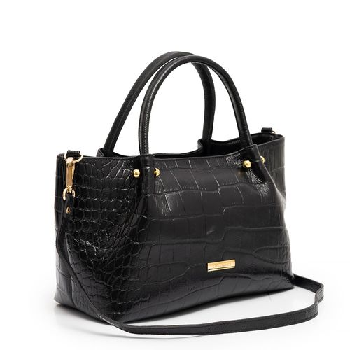 Bolsa Tote Preta Couro Enfeite