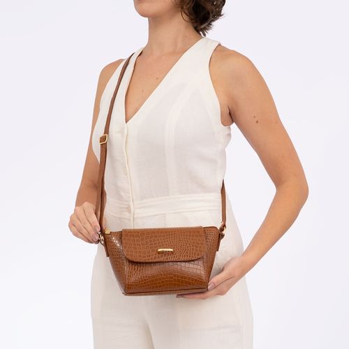 Bolsa Pequena Couro Croco Caramelo