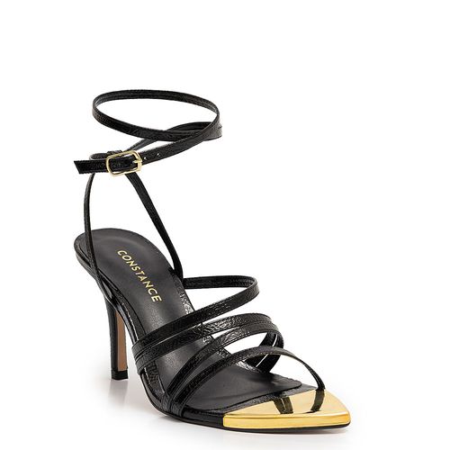 Sandália Preta Tiras Biqueira Dourada