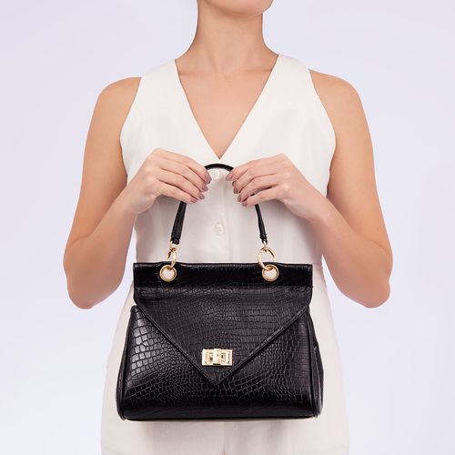Bolsa Satchel Couro Croco Preto